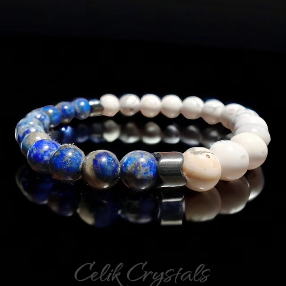Lapis Lazuli & Howlite Bracelet Unisex Natural Stones 8mm - Picture 4 of 5